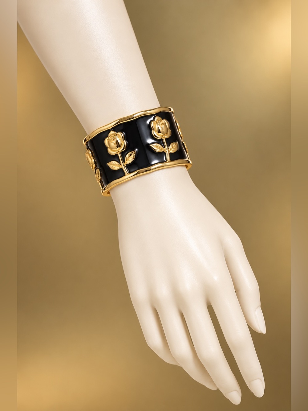 Black & Gold Rose Stainless Steel Cuff Bracelet S/M